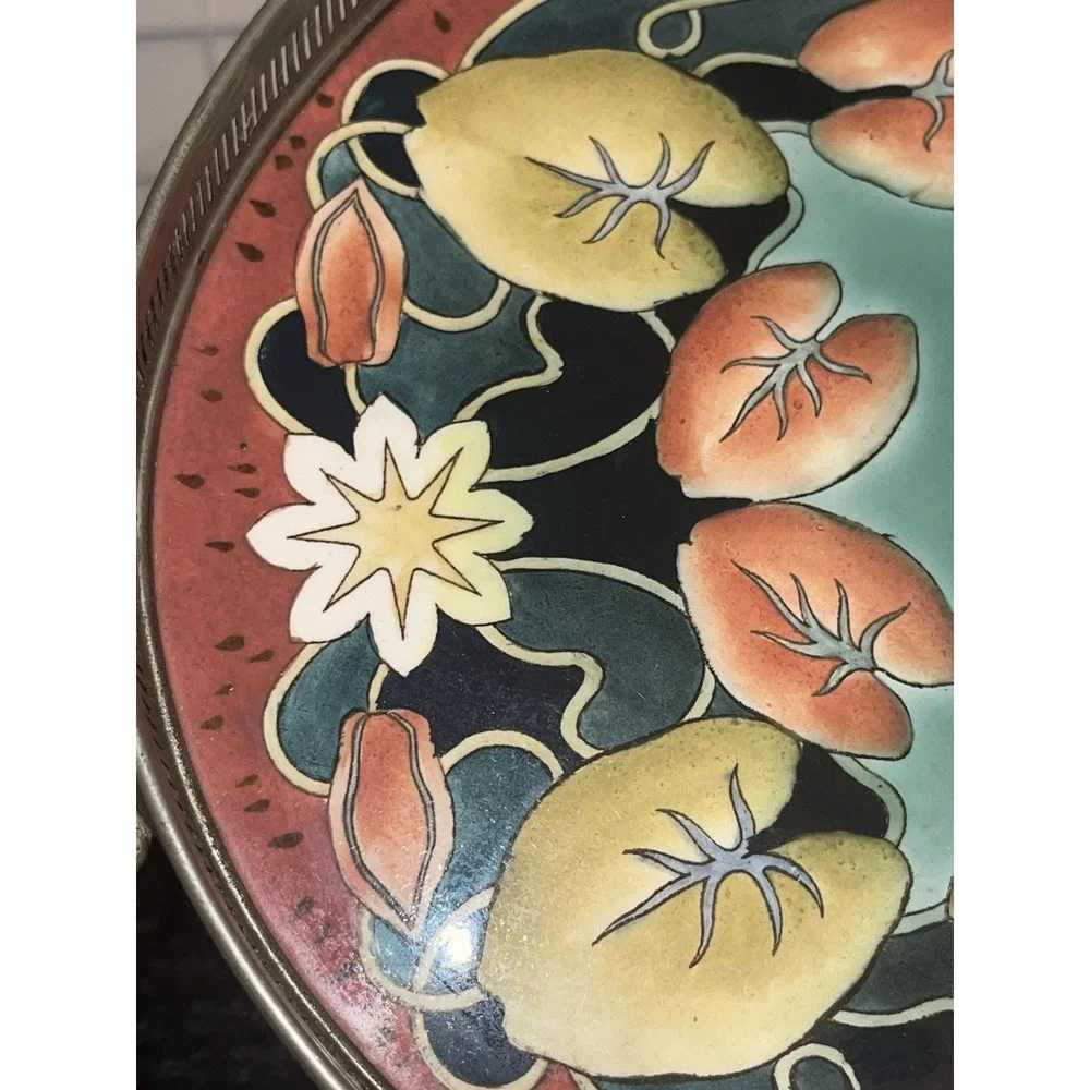 Vintage Gesetzlich‎ geschutzt Tray With Floral Porcelain/Enamel & Metal Frame